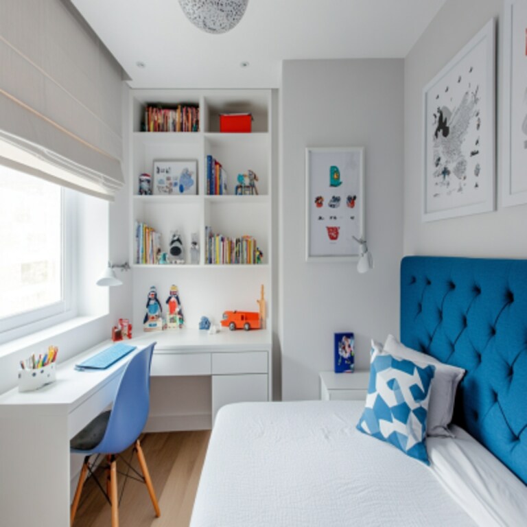 Modern Kids Room Design With Bed And Blue Headboard